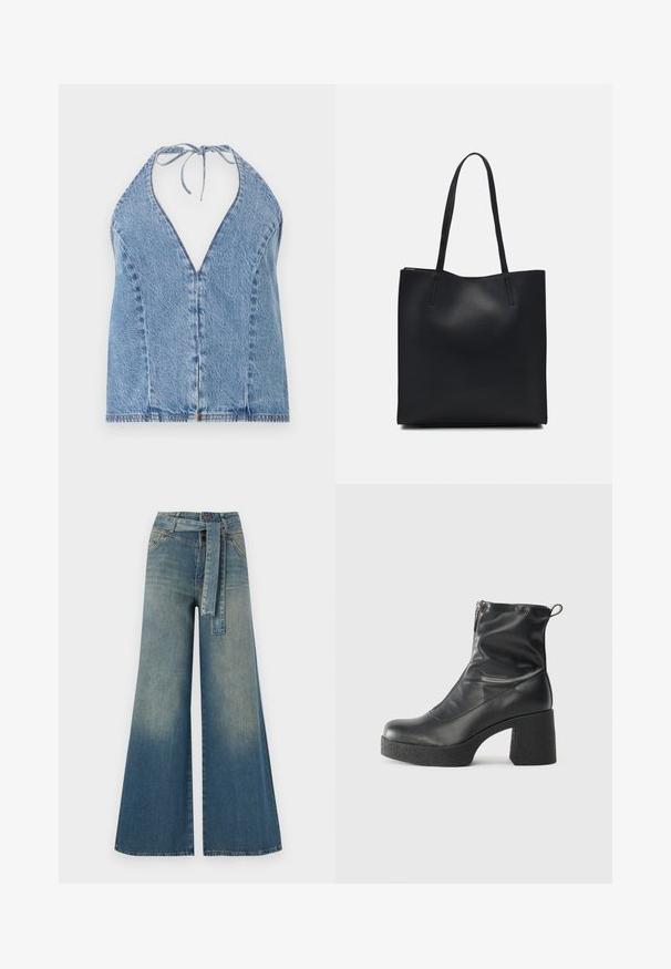 Denimové halter top v světle modré barvě. Má hluboký V-výstřih, otevřená záda a zavazování za krk. Hladká textura se jemnými švy.; Džínové kalhoty širokého střihu s přechodem od světlé k tmavě modré, vysokým pasem, poutky na opasek a odpovídajícím opaskem ze stejného materiálu. Texturovaná džínovina.; Černé kotníkové boty vyrobené z hladké kůže, s bočním zipem, robustním strukturovaným podpatkem a kulatou špičkou.; Černá kožená taška přes rameno s hladkým povrchem, obdélníkovým tvarem a dvěma dlouhými uchy. Žádné viditelné kování ani ozdoby.