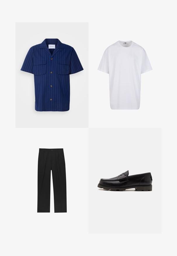 Košile s krátkým rukávem v námořnické modři s texturovaným pruhovaným vzorem, dvěma kapsami na hrudi a hnědými knoflíky na přední straně a límci.; Bílé triko z bavlny s krátkým rukávem, kulatým výstřihem, volným střihem a bez viditelných log či vzorů. Hladká textura a minimalistický design.; Černé kalhoty s rovnými nohavicemi, vyrobené z hladké tkaniny. Mají přední záhyby a jedno knoflíkové zapínání v pase.; Černé kožené mokasíny s kulatou špičkou, dekorativním prošíváním a texturovanou podrážkou pro lepší přilnavost. Mírně zvýšený podpatek.