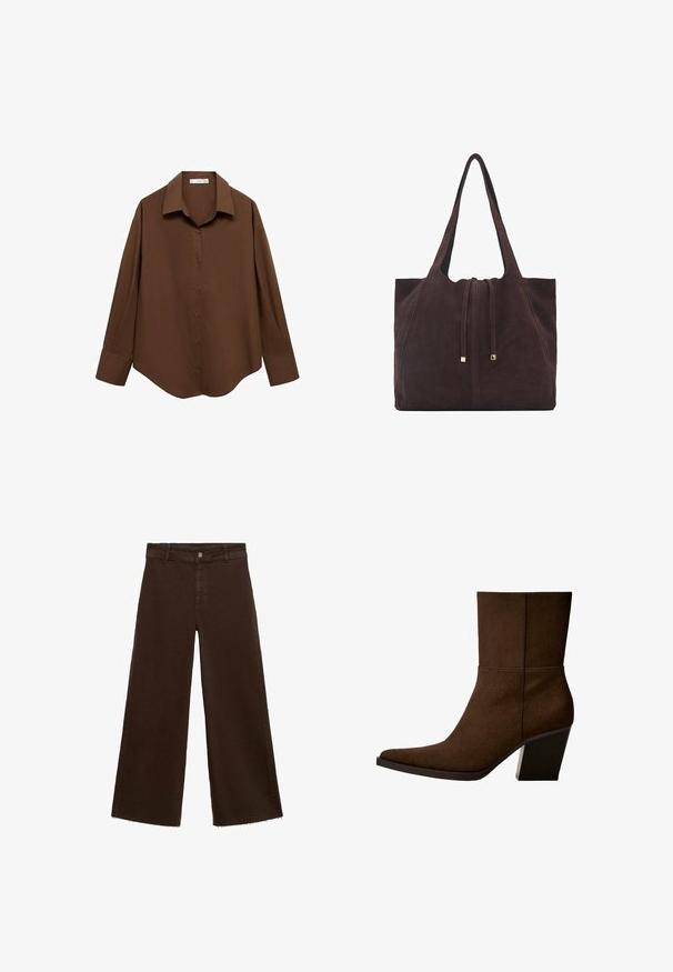 Mango Button-down blouse - brown; Brown wide-leg trousers in cotton blend, featuring a frayed hem, front button closure, and classic five-pocket design. Minimalistic and versatile.; Brown suede ankle boot with a pointed toe and chunky heel, featuring minimalist design and smooth texture against a white background.; Mango Tote bag - dark brown