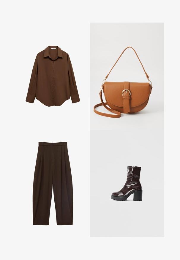 Mango - Bluzka; Brązowe spodnie z wysokim stanem z zakładkami, wykonane z gładkiego materiału. Luźny krój, prosta nogawka, z różkami na pasek i suwakiem.; Błyszczące bordowe botki za kostkę z masywną czarną obcasem, charakteryzujące się gładką teksturą i prostym wzornictwem. Brak widocznych zapięć lub wzorów.; Brązowa skórzana torba na ramię o zaokrąglonym kształcie, ze złotymi akcentami i zapięciem w formie klamry. Posiada odpinany pasek na ramię.