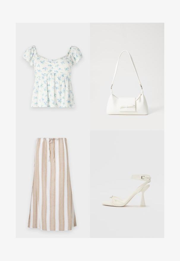 Balta trumpomis rankovėmis palaidinė, dekoruota šviesiai mėlyna ir žalia gėlių raštu, su surinkta krūtinės dalimi ir laisvu siluetu.; Dryžuota sijonas balta ir šviesiai ruda, su raukšlėja juosmeniu ir ilga, laisvai krentanti forma. Pagaminta iš lengvos medžiagos, su laisvu iškirpimu.; Baltos odinės aukštakulnės sandalai su dirželiais, elegantiško dizaino, skaidriu blokiniu kulnu ir dekoratyviu elementu ant piršto.; Balta sintetinė rankinė trikampio formos, plokščiu priekiu su užsegimu, kaspino detale, reguliuojama dirželiu, lygia tekstūra ir minimalistišku dizainu.