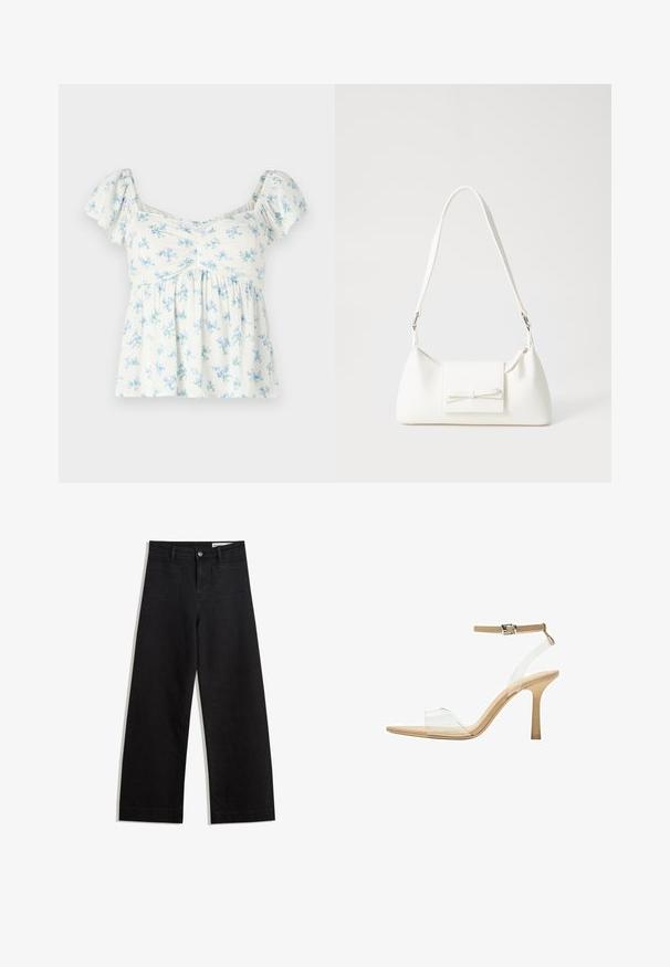 Bílý krátký rukáv top s květinovým vzorem v světle modré a zelené barvě, se zdobením na dekoltu a volným střihem.; Černé denimové kalhoty s volným střihem a vysokým pasem, vybavené předními a zadními kapsami, prošívanými švy a knoflíkovým zapínáním. Hladká textura.; Průhledná sandálová obuv s průhledným svrškem, béžovou stélkou a štíhlým páskem kolem kotníku. Má špičatou špičku a tenký vysoký podpatek.; Bílá syntetická kabelka v trojúhelníkovém tvaru, s plochým předním klopným víkem a detailem mašle, nastavitelným popruhem, hladkým povrchem a minimalistickým designem.