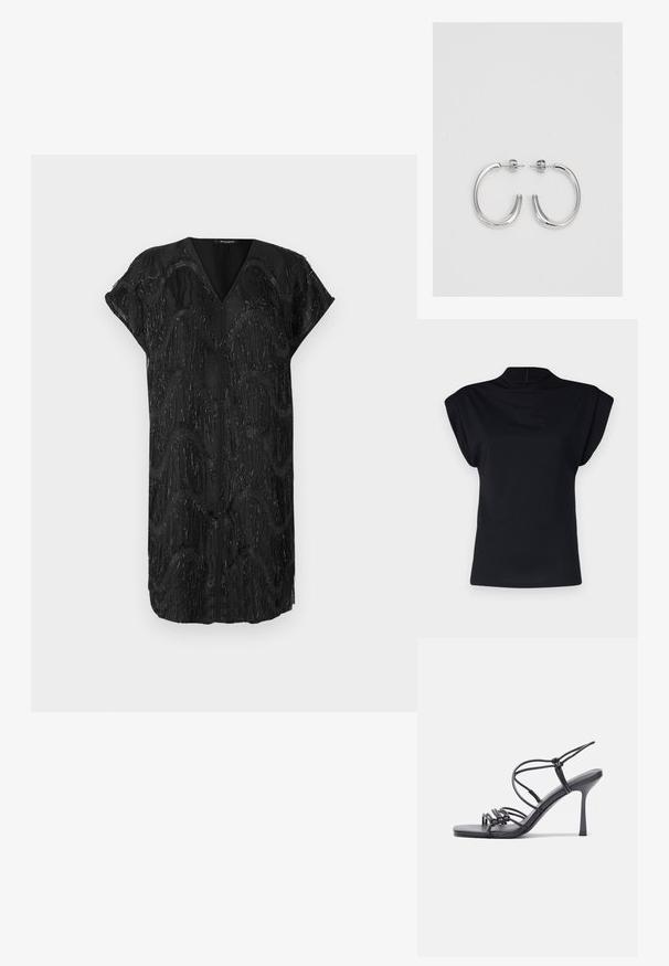 Vero Moda Tall VMWILLOW - Blúz - black; Fekete ruha V kivágással és kis ujjakkal, hullámos mintázatú, csillogó függönyből készült textúrával.; Fekete magas sarkú szandálok vékony pántokkal, csomózott mintával, sima négyzetes orral és karcsú stiletto sarkal rendelkeznek.; Világosszürke fémes kézitáska lánc pánttal, kis kör alakú fém kifinomult díszítéssel és háromszög alakú márkagéppel.; Ezüst karika fülbevalók sima, fényes felülettel. Lekerekített forma, könnyű kialakítással, tűs zárómechanizmussal.