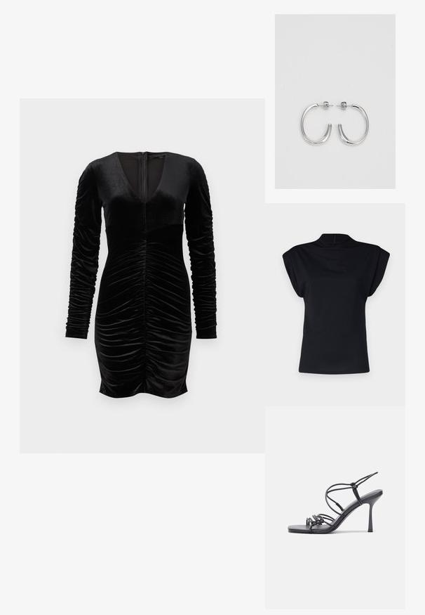 Vero Moda Tall VMWILLOW - Blouse - black; Black velvet dress with long puff sleeves, deep V-neck, and ruched detailing at the front. Zip closure at the back. Smooth texture.; Black high-heeled sandals feature thin straps with a knotted design, a smooth square toe, and a sleek stiletto heel.; Light gray metallic handbag featuring a chain strap, embellished with small circular metallic studs and a triangular brand logo.; Silver hoop earrings with a smooth, shiny finish. Rounded shape, lightweight design, featuring a post-back closure.