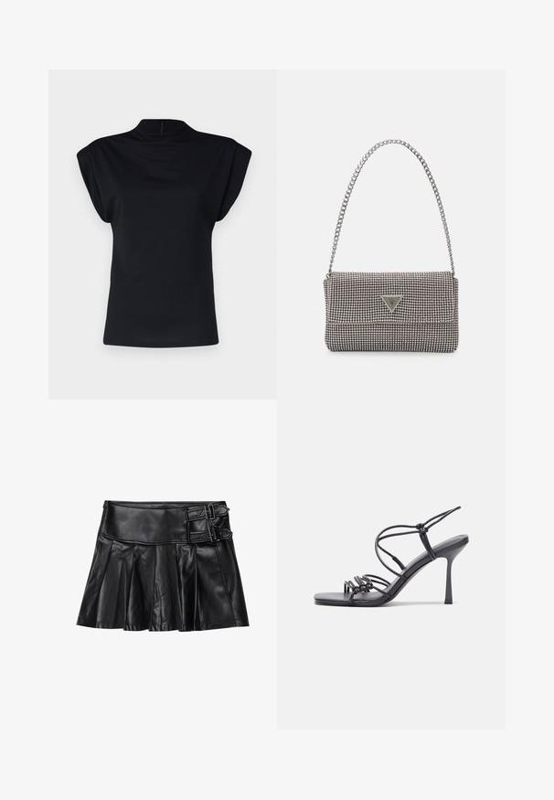 Vero Moda Tall VMWILLOW czarny; Czarna skórzana spódnica z plisami, szerokim pasem i dwoma detalami w postaci klamer z boku. Gładka faktura o błyszczącym wykończeniu.; Czarne sandały na wysokim obcasie mają cienkie paski z węzłowym wzorem, gładki, kwadratowy czubek i smukły obcas w stylu szpilki.; Jasnoszara metaliczna torebka na łańcuszku, ozdobiona małymi okrągłymi metalowymi ćwiekami oraz trójkątnym logo marki.; Srebrne kolczyki na biglu o gładkim, błyszczącym wykończeniu. O zaokrąglonym kształcie, lekkim designie, z zamknięciem na zatrzask.