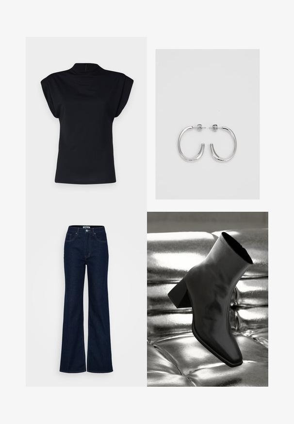 Vero Moda Tall VMWILLOW - Bluză - black; ONLY Tall ONLJUICY WIDE RINSE - Wide leg - dark blue denim; Cizme negre până la gleznă, realizate dintr-un material lucios, cu vârf pătrat și toc conic, plasate pe un fundal strălucitor de argint, cu un model tuftat.; Cercei rotunzi din argint cu un finisaj neted și strălucitor. Design ușor, având o formă rotundă și închidere cu tijă.