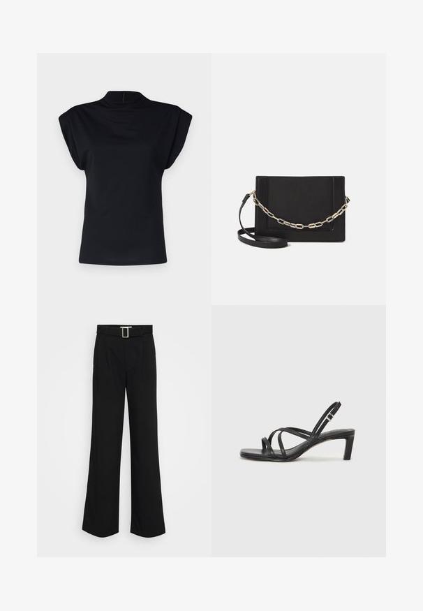 Vero Moda Tall VMWILLOW - Camicetta - black; Pantaloni neri a gamba larga realizzati in tessuto leggero, caratterizzati da una texture liscia, pieghe frontali e una cintura con fibbia metallica quadrata.; Sandalo nero con cinturini, dalla punta squadrata e tacco basso a blocco. Presenta diversi cinturini sottili e una cinturini regolabile alla caviglia. Realizzato in pelle liscia.; Borsa a tracolla nera in pelle con una texture liscia, forma rettangolare e dettaglio in catena metallica sul davanti. Inclusa una tracolla regolabile.