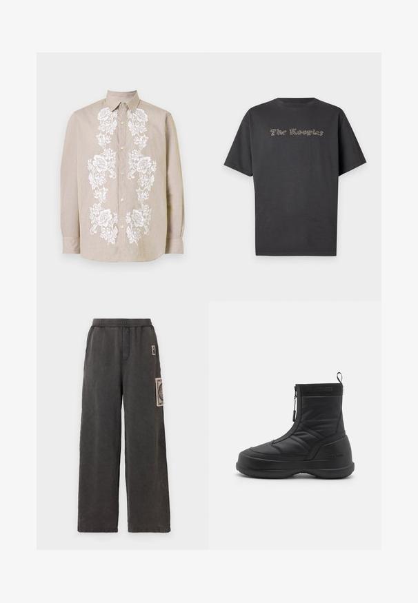 Camisa de color beige claro con bordado floral blanco en el frente. Presenta un cuello clásico y mangas largas con puños abotonados.; Camiseta de manga corta en gris oscuro, hecha de algodón. Presenta un texto en relieve que dice "The Kooples" en un color contrastante. Diseño clásico de cuello redondo.; Pantalones de pierna ancha en tela gris oscuro, con un parche decorativo en el bolsillo delantero y una cintura elástica para mayor comodidad.; Botas de nieve impermeables negras con un upper sintético liso, cierre con cremallera, cuello acolchado y suela de goma texturizada. Acentuadas con la marca "MOON BOOT".