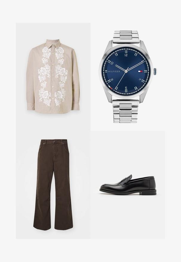 Šviesiai smėlinis mygtukinis marškinis su baltais gėlių siuvinėjimais priekyje. Turi klasikinį apykaklę ir ilgomis rankovėmis su mygtukais.; Rudos platūs kelnių modeliai, pagaminti iš medvilnės, su aukštu juosmeniu, priekinėmis kišenėmis ir lygiu paviršiumi. Uždarymo detalės apima subtilų siūlų dekoravimą.; Juodos odinės loafers, turinčios lygų paviršių, apvalią noselę ir dekoratyvinę juostą per priekinę dalį. Žemas krentantis kulnas, minimalistinis dizainas.; Sidabrinis metalinis laikrodis su šlifuotu mėlynu ciferblatu, baltais valandų žymekliais ir datos indikacija. Yra metalinė grandinė ir prekės ženklo logotipas.
