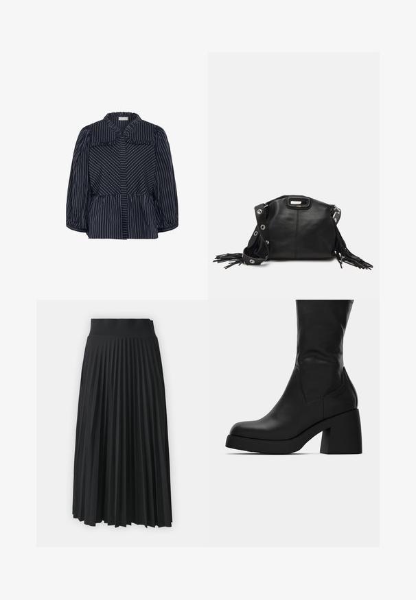 Marinebluse mit breitem Kragen, gefransten Kanten und Ballonärmeln. Sie hat vertikale weiße Nadelstreifen und eine taillierte Passform.; Schwarzer, gefalteter Rock mit breitem Taillenbund, der gleichmäßige vertikale Falten aufweist. Glatte Textur mit fließendem Design.; Schwarze Lederstiefelette bis zur Mitte der Wade mit kräftigem Blockabsatz und runder Zehenpartie, seitliche Ansicht auf weißem Hintergrund.; Maje MISS MINI - Umhängetasche - noir