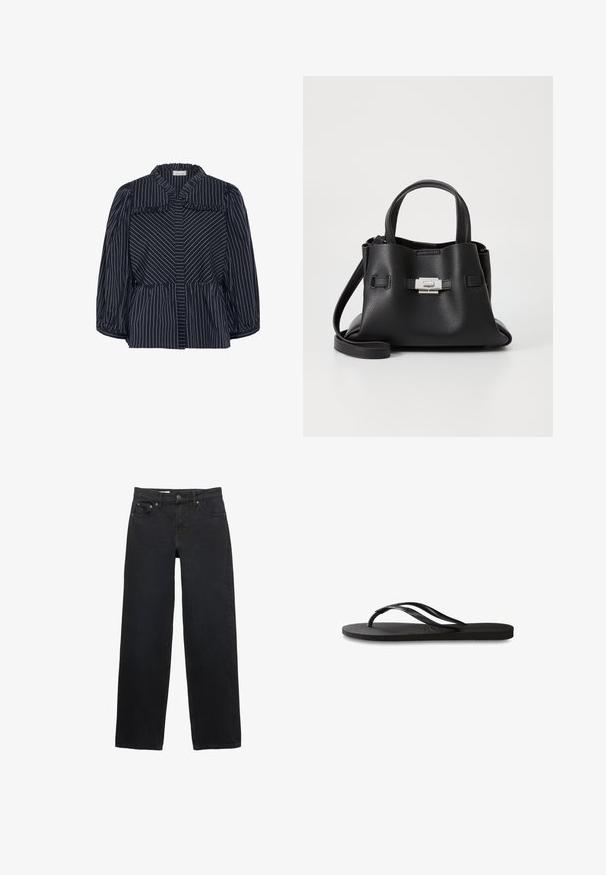 Blusa a righe navy con ampio colletto, bordi arricciati e maniche a palloncino. Presenta righe verticali bianche e una vita aderente.; Jeans neri a gamba larga realizzati in denim, con cinque tasche, chiusura a bottone, cuciture sottili e una linea diritta dalla vita all'orlo.; Infradito neri con suola in gomma testurizzata, due cinghie sottili e un sottile dettaglio del logo impresso sulla cinghia.; Borsa a tracolla in pelle nera con finitura textured, dotata di due manici superiori, una tracolla rimovibile e un dettagli di chiusura in argento.