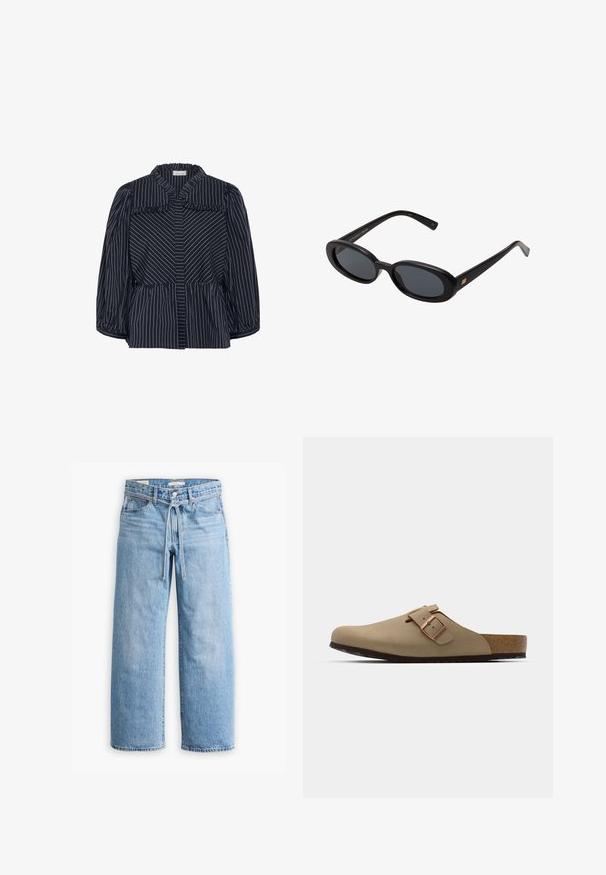 Jūras zila svītraina blūze ar plašu apkakli, kroku malām un burbuļveida piedurknēm. Iekļauj vertikālas baltas svītras un pielāgotu vidukli.; Gai zila džinsa auduma platā stila bikses ar augstu vidukli, pogu un rāvējslēdzēju, kā arī auklas detaļu viduklī. Neapstrādāta apakšmalu apdare.; Beige koka kurpes ar noapaļotu purngalu, regulējamu sprādzi un korķa zoli. Strukturēta virsma ar melnu gumijas zoli labākai saķerei.; Melnu pārspīlēto saulesbrilles ar ovālām lēcām, gludu plastmasas rāmja un zelta akcentiem uz tempļiem. Tumšie lēcas nodrošina saules aizsardzību.