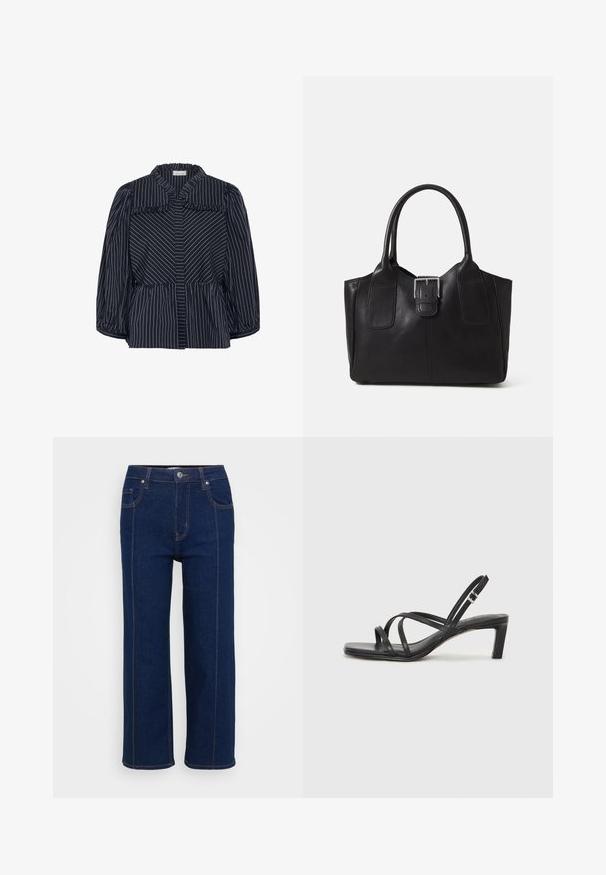 Navy striped blouse with a wide collar, ruffled edges, and balloon sleeves. Features vertical white pinstripes and a fitted waistline.; Dark blue straight-leg jeans with button closure, front and back pockets, and visible orange stitching along seams.; Black strappy sandal with a square toe and a low block heel. Features multiple thin straps and an adjustable ankle strap. Made of smooth leather.; Black leather tote bag with smooth texture, structured shape, two handles, and a prominent silver buckle detail on the front.
