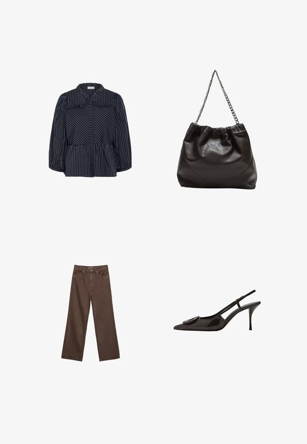 Námornícky pruhovaná blúzka so širokým golierom, volánikovými okrajmi a balónovými rukávmi. Obsahuje vertikálne biele pruhy a priliehavý pás.; Džínsy s širokými nohavicami v hnedej farbe, vyrobené z denimu, so zvýšeným pásom, prednými vreckami a klasickým zapínaním na gombík. Hladká textúra s jemným prešívaním.; Čierne lakované slingback topánky s prednou časťou do špica, minimalistický dizajn, malý obľúkový akcent na nártovej časti a štíhla podpätok.; Hnedá kožená taška so zberaným vrchom a reťazovým popruhom. Hladký povrch s lesklým finišom a jemným švom po stranách.