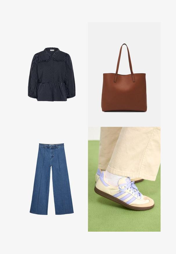 Marineblå stribet bluse med en bred krave, fløjlende kanter og ballonærmer. Har lodrette hvide striber og en tætsiddende talje.; Bredde ben denim jeans i mellemblå, med høj talje, knaplukning og kontrasterende lodrette sømdetaljer foran.; Creme og lavendel sneakers med tre striber og en tekstureret brun sål, der har snørebånd og en polstret hæl. Blødt stof øvre.; Brun læder tote taske med en glat overflade, åben topdesign og to skulderremme. Har minimal syning og ingen synlig hardware.