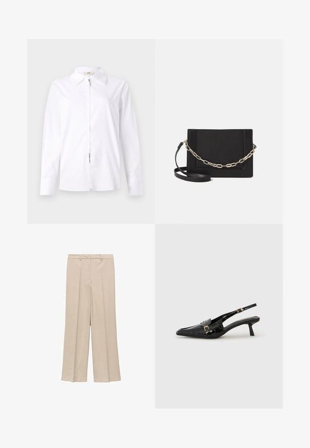 Vit långärmad skjorta med krage och dragkedja fram. Tillverkad av ett mjukt tyg med en figurnära passform och knappdetaljer vid ärmsluten.; Ljusbeiga vida byxor med en slät yta, som har en plisserad framsida och sidofickor, samt en åtsittande midja.; Svart spetsig tå slingback-klack med krokodilstrukturer, smal klack och en dekorativ guldbuckle-detalj på remmen.; Svart läder crossbody-väska med en slät yta, rektangulär form och metallickedjedetalj på framsidan. Justerbar rem ingår.
