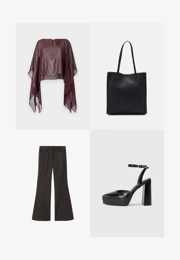Top trasparente bordeaux con maniche ampie e scollatura a giro. Stoffa leggera e fluida che crea una silhouette morbida e stratificata. Senza fantasie né accessori.; Pantaloni neri a zampa d'elefante con vita alta; presentano due tasche frontali e una texture del tessuto liscia. Adatti per varie occasioni.; Tacchi a piattaforma neri con punta appuntita e cinturino regolabile alla caviglia. Realizzati in pelle liscia, presentano un tacco a blocco spesso.; Borsa tote in pelle nera con texture liscia, forma rettangolare e due manici lunghi. Nessun hardware o decorazione visibile.
