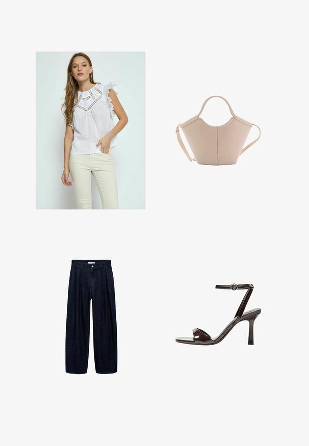 Desires MATINE FRILL SLEEVE - Camicetta - white; Pantaloni wide-leg in denim scuro con pieghe in vita, dotati di un bottone frontale e passanti per cintura. Texture liscia e design a lunghezza completa.; Sandalini con tacco alto in pelle verniciata marrone, con cinturino alla caviglia, punta aperta e un design elegante e minimalista. Presentano un tacco quadrato.; Borsa in pelle beige con una forma unica, caratterizzata da due manici corti e una lunga tracolla regolabile. Texture liscia con hardware minimale.