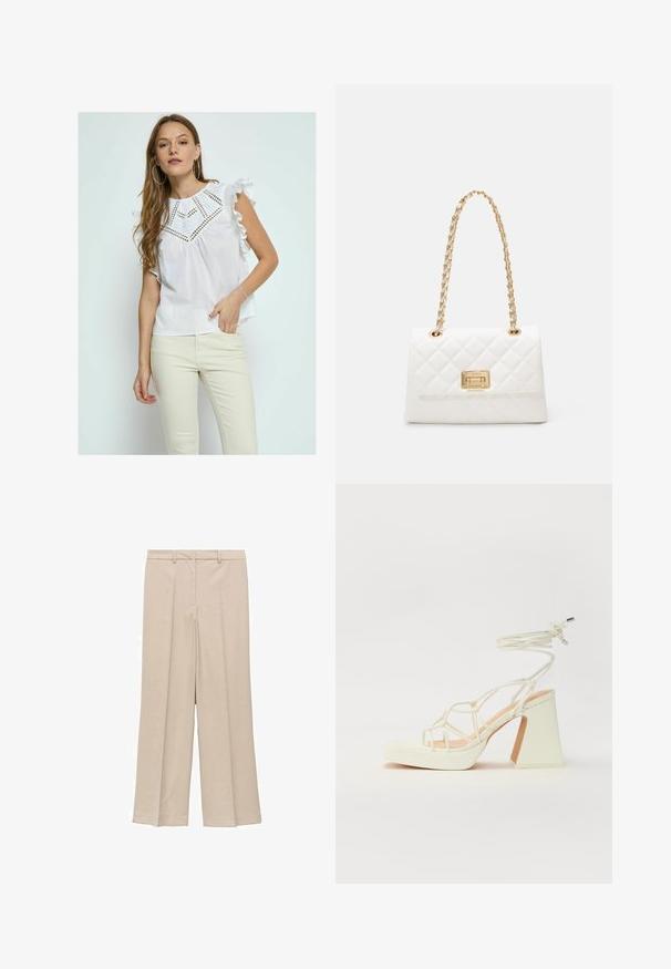 Desires MATINE FRILL SLEEVE - Bluza - white; Svjetlosmeđi široki hlače s glatkom teksturom, s naboranom prednjom stranom i bočnim džepovima, te dizajnom struka koji se prilagođava.; Bijela sandala na visokoj potpetici s debelim petom, s remenom i vezanjem oko gležnja. Glatka tekstura s platformom sprijeda za dodatnu visinu.; Bijela čuvana torba s zlatnim lancem i pravokutnom kopčom. Ima glatku teksturu i geometrijski uzorak šivanja.
