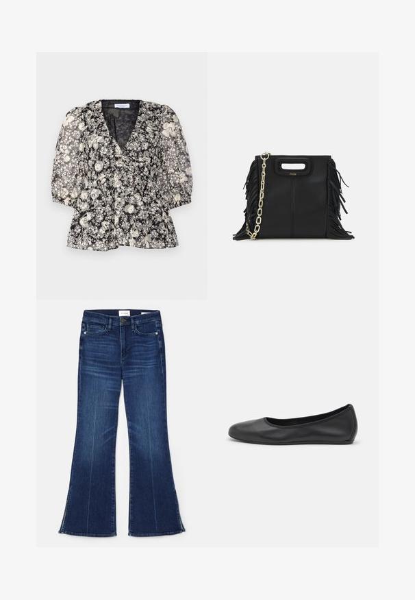 Hofmann Copenhagen FLORA - Blúzka - black; Tmavomodré rozšírené džínsy vyrobené z denimu. Majú vysoký pás, predné vrecká a rozparky na spodnom okraji. Klasický dizajn s piatimi vreckami.; Čierne kožené baleríny s okrúhlou špičkou, hladkým povrchom, minimálnym prešívaním a flexibilným dizajnom podrážky.; Čierna kožená kabelka s strapcami, zlatým reťazovým ramenným popruhom a vykrojenou rukoväťou. Na prednej strane sa nachádza logo.