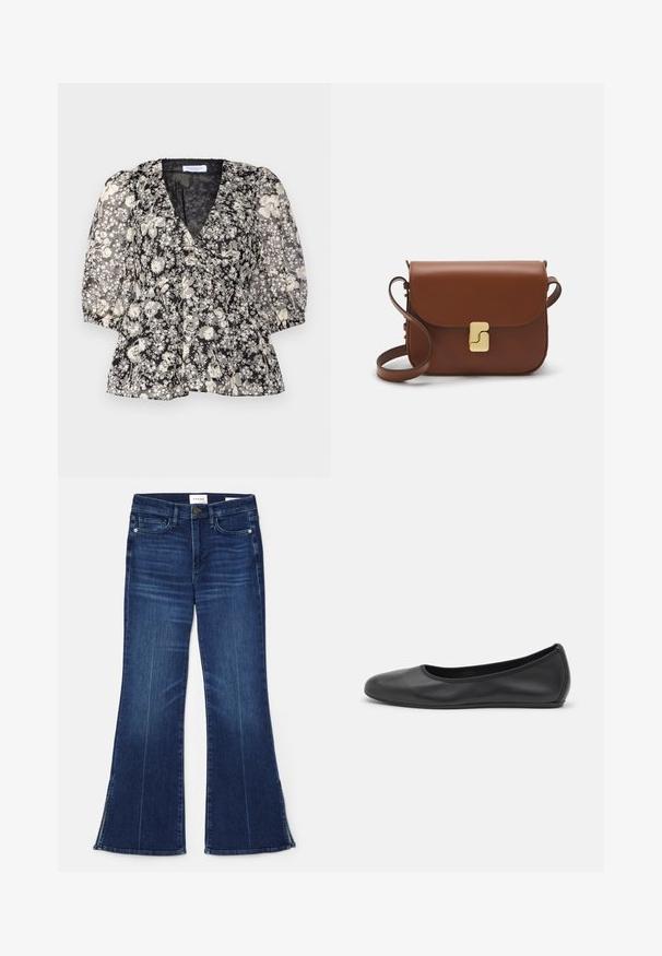 Hofmann Copenhagen FLORA - Blūze - black; Tumši zili zvērīši, izgatavoti no denima. Iespējas augsta jostasvieta, priekšējās kabatas un šķēlumi apakšmalā. Klasisks piecu kabatu dizains.; Melna ādas baleta kurpe ar noapaļotu purngalu, gludu tekstūru, minimālu šuvju detalizāciju un elastīgu zoles dizainu.; Bordo ādas rokas soma ar atloku, zeltītām detaļām, plecu siksnu un gludu virsmu. Kompakta, taisnstūrveida forma.