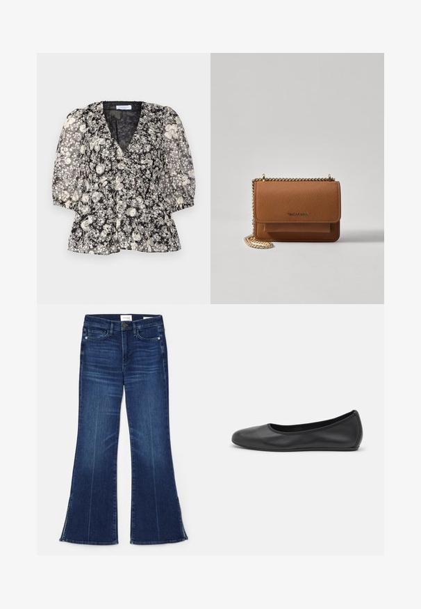 Hofmann Copenhagen FLORA - Camicetta - black; Jeans a zampa d'elefante blu scuro in denim. Caratterizzati da una vita alta, tasche anteriori e dettagli con spacco all'orlo. Design classico a cinque tasche.; Pantofole da balletto nere in pelle con punta arrotondata, texture liscia, dettagli di cucitura minimi e design con suola flessibile.; Borsa a tracolla in pelle marrone con texture, dotata di catena dorata e chiusura a pattina. Sul davanti presenta un dettaglio con logo e una tasca sotto la pattina.