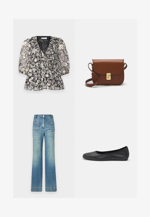 Hofmann Copenhagen FLORA - Blůza - black; Světle modré džíny s rozšířenými nohavicemi, pěti kapsami, poutky na opasek, zapínáním na knoflík a mírně vybledlou texturou, s červeným logem na zadní straně.; Černé kožené baletní byty s kulatou špičkou, hladkou texturou, minimálními švy a flexibilním designem podrážky.; Hnědá kožená kabelka s klopou, zlatými kovovými detaily, ramenním popruhem a hladkým povrchem. Kompaktní obdélníkový tvar.