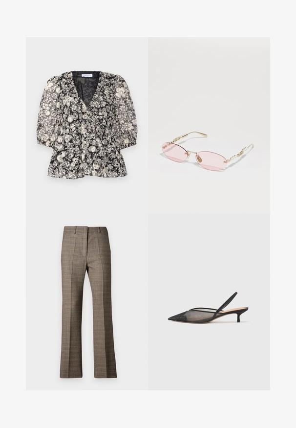 Hofmann Copenhagen FLORA - Blusa - black; Calças castanhas em padrão xadrez com corte reto, apresentando um tecido texturizado e cores subtis de bege e castanhos mais escuros ao longo do padrão.; NEOUS IRENA - Saltos clássicos - black; Gucci Óculos de sol - gold-coloured/pink
