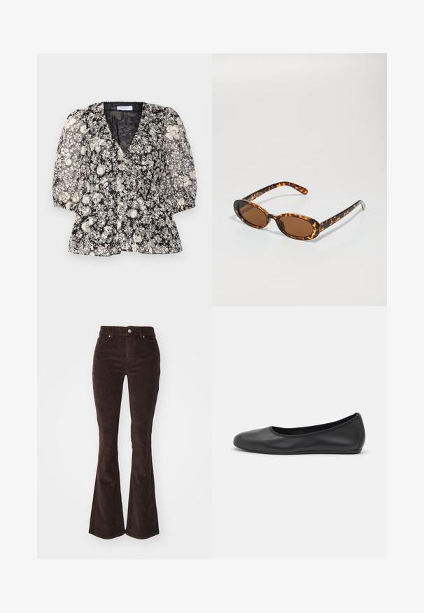 Hofmann Copenhagen FLORA - Blúz - black; Vero Moda VMFLASH FLARED PANTS - Nadrágok - chocolate torte; Fekete bőr balettcipő lekerekített orral, sima tekstúrával, minimális varrással és rugalmas talp kialakítással.; Teknősbéka mintás napszemüveg ovális kerettel, barna lencsékkel és vékony fekete szárakkal, amelyek finom mintázott díszítésekkel rendelkeznek.; Fekete bőr vödör táska texturált felülettel, arany hardware részletekkel és nyitott tetejével. Rövid fogantyúval és állítható vállpánttal rendelkezik.