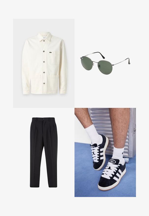 Kremna jakna iz platna z gumbom spredaj, dvema velikima sprednjima žepoma in majhnim zelenim izvezenim logotipom na prsih.; Bela bombažna majica s kratkimi rokavi, okroglo izrezana in udobnega kroja. Gladka tekstura brez vidnih vzorcev ali dekoracij.; Črne hlače z nabranim sprednjim delom, narejene iz gladkega materiala. Imajo gumbasto zapiranje in zanke za pas; ravne hlačnice.; Črne semiš teniske z belimi vezalkami in tremi belimi črtami. Imajo okroglo črno oznako na jezičku in gumijast podplat.; Sončna očala z ovalnimi zelenimi lečami v kovinskem okvirju. Tanjši srebrni kovinski okvir in črne ušesne konice. Minimalistična zasnova, brez vidnih logotipov.