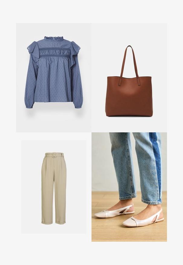 Modrá bavlněná blůza s volánkovým výstřihem a rameny, zdobená strukturovaným puntíkovaným vzorem a nařasenými detaily podél joku a rukávů.; Béžové kalhoty s vysokým pasem a širokým střihem, s výplety, odpovídajícím páskem s obdélníkovou sponou a manžetami na lemech.; Světle růžové slingback baleríny s špičatou špičkou, vyrobené z hladkého koženému materiálu. Obsahují vystřihovací detaily po stranách a plochý podpatek.; Hnědá kožená taška přes rameno s hladkou texturou, otevřeným designem a dvěma ramenními popruhy. Obsahuje minimální švy a žádné viditelné kovové prvky.