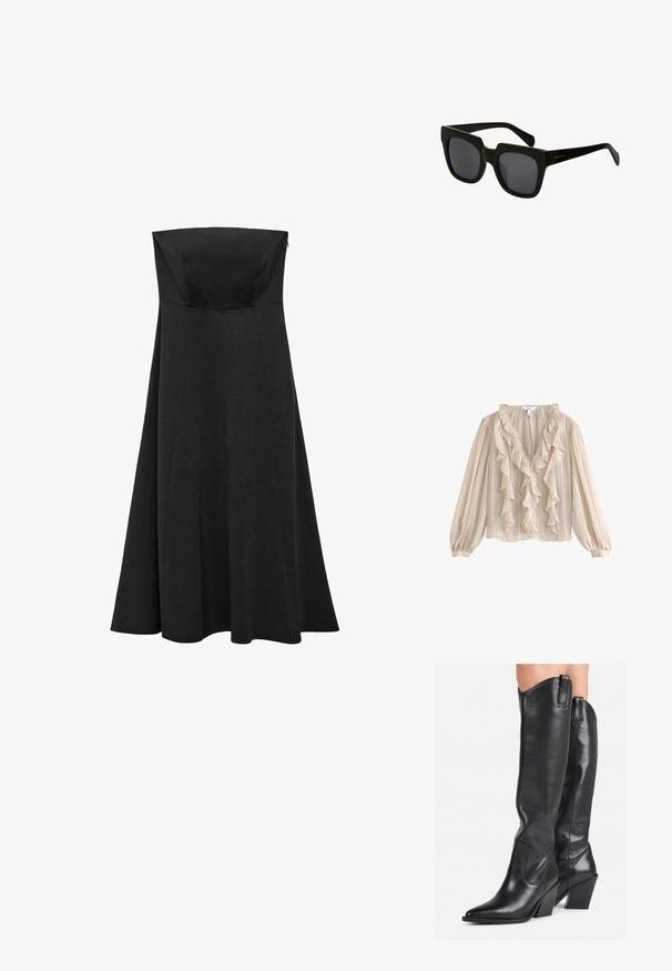 Bluză de un bej deschis cu mâneci lungi și puffate, decolteu în V cu volan, țesătură texturată și model cu dungi verticale.; Rochie neagră fără bretele, cu un corset ajustat și fustă flared, de lungime până la podea. Confecționată dintr-un material neted, fără modele sau accente vizibile.; Cizme negre din piele până la genunchi, cu vârf ascuțit, finisaj texturat și toc gros. Au chingi laterale pentru tras și detalii subtile de cusături.; Ochelari de soare negri, cu lentile rectangulare și rame groase din plastic. Brațele sunt elegante, cu un finisaj lucios și un branding minim.