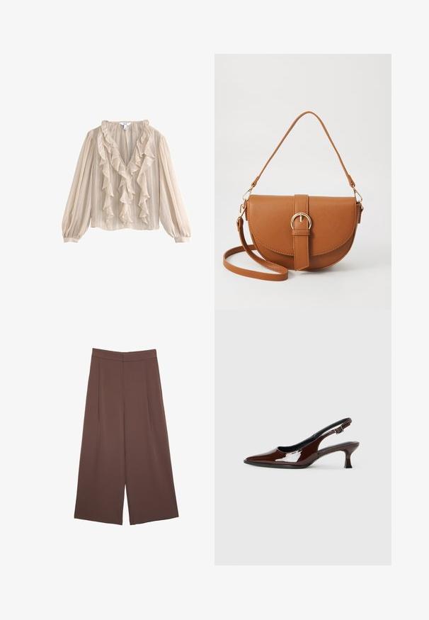 Svetlá béžová blúzka s dlhými nafúknutými rukávmi, volánikovým V-výstrihom, textúrovanou tkaninou a vertikálnym pruhovaným vzorom.; Hnedé nohavice so širokými nohavicami a hladkou textúrou, s vysokým pásom a prednými skladmi. Tkanina je ľahká a voľne sa pohybuje.; Hnedá lakovaná slingback obuv s špicatou špičkou a mierne vysokým opätkom. Obsahuje pracku pre bezpečné upevnenie. Hladká textúra.; Hnedá kožená kabelka cez telo s zakriveným tvarom, zlatými kovovými doplnkami a akcentom s prackou. Obsahuje odnímateľný ramenný popruh.