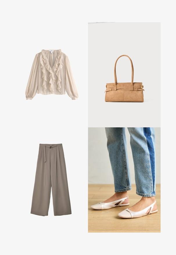 Světle béžová blůza s dlouhými nabíranými rukávy, volánkovým výstřihem do V, strukturovanou tkaninou a vertikálním pruhovaným vzorem.; Kalhoty s širokými nohavicemi v měkké, tlumené šedé látce, s páskem v pase a sklady pro přidaný designový detail. Hladká textura, bez vzorů.; Světle růžové slingback baleríny s špičatou špičkou, vyrobené z hladkého koženému materiálu. Obsahují vystřihovací detaily po stranách a plochý podpatek.; Hnědá semišová kabelka s dvěma dlouhými uchy, obdélníkovým tvarem a ozdobným šitím. Obsahuje boční popruh a decentní zlaté kovové akcenty.