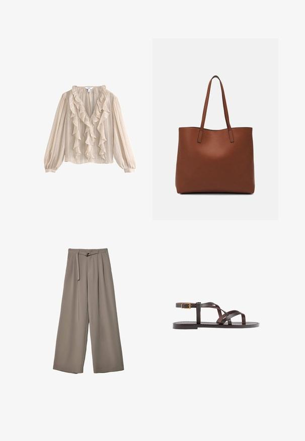 Helles beige Bluse mit langen Puffärmeln, gerüschtem V-Ausschnitt, strukturiertem Stoff und vertikalem Streifenmuster.; Weite Hose aus einem weichen, gedämpften grauen Stoff, mit einem taillierten Bund und Falten für zusätzliche Design-Details. Glatte Textur, keine Muster.; Braune Leder-Sandale mit überkreuzten Riemen, einem Knöchelriemen mit Schnalle und einer flachen Sohle mit minimalen Nähdetails.; Braune Leder-Tote mit glatter Textur, offenem Oberteil und zwei Schulterriemen. Verfügt über minimale Nähte und keine sichtbaren Beschläge.