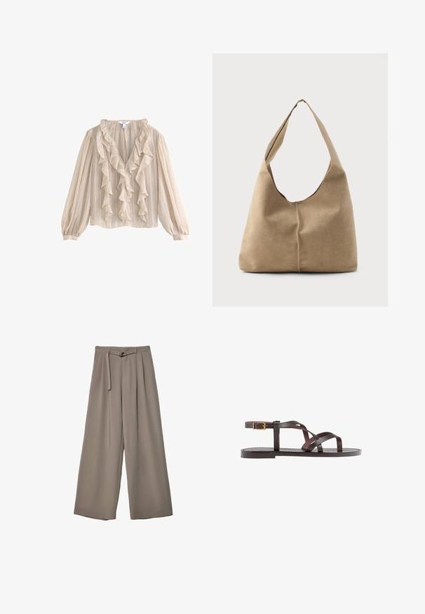 Helles beige Bluse mit langen Puffärmeln, gerüschtem V-Ausschnitt, strukturiertem Stoff und vertikalem Streifenmuster.; Weite Hose aus einem weichen, gedämpften grauen Stoff, mit einem taillierten Bund und Falten für zusätzliche Design-Details. Glatte Textur, keine Muster.; Braune Leder-Sandale mit überkreuzten Riemen, einem Knöchelriemen mit Schnalle und einer flachen Sohle mit minimalen Nähdetails.; Hobo-Tasche aus weichem beigen Wildleder mit einer lässigen Form, breitem Schulterriemen und einer handgestickten Nahtdetail entlang der Vorderseite.