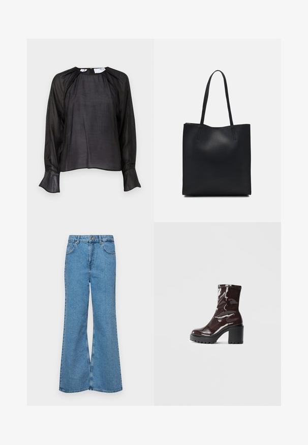 Fekete blúz hosszú áttetsző ujjaival, puha textúrával, laza fazonnal, kerek nyakkivágással és kiálló mandzsettákkal, diszkrét fénylésű és minimalista dizájnnal.; Világoskék, trapézszárú farmernadrág, magas derékkal, öt zsebbel és egy gombos záródással. Puha tapintású, magasított effektusú anyag.; Fényes bordó bokacsizma vastag fekete sarokkal, sima felülettel és egyszerű dizájnnal. Nincsenek látható zárak vagy minták.; Fekete bőrtáska sima felszínnel, téglalap alakú, két hosszú füllel. Nincs látható fémkiegészítő vagy díszítés.