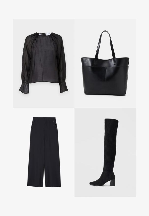 Blusa negra con mangas largas y transparentes, textura suave, corte holgado, escote redondeado y puños acampanados, con un brillo sutil y un diseño minimalista.; Pantalones de pierna ancha en tejido azul marino oscuro, con una textura suave, pliegues delanteros y ojales decorativos en tono dorado en los bolsillos laterales.; Bota de ante negra hasta la rodilla con tacón cuadrado, puntera afilada y diseño liso y sin costuras sobre un fondo claro.; Bolso tote de cuero negro con dos asas largas, textura suave y forma estructurada. Cuenta con un bolsillo frontal para almacenamiento adicional.