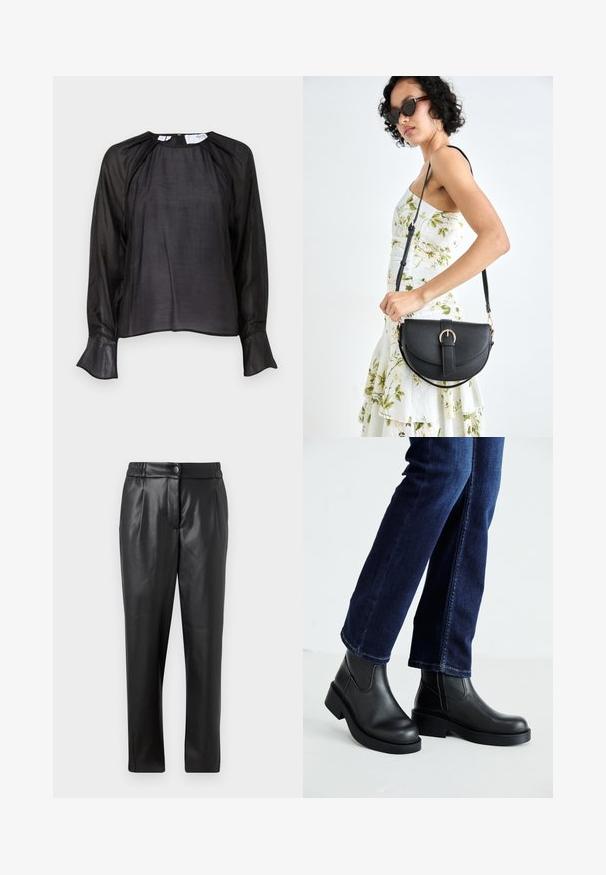 Svart bluse med lange gjennomsiktige ermer, myk tekstur, løs passform, rund hals, og utsvingte mansjetter, med subtil glans og minimal design.; Sorte skinnbukser med en glatt tekstur, rett passform, elastisk liv, og frontknappelukking; plisserte detaljer og smale ben.; Sorte lær ankelsko med en kraftig såle og elastiske paneler på siden, kombinert med mørkeblå jeans. Underlaget er lyst.; Svart lærveske med en buet form, avtagbar stropp og gullbeslag. Vesken har et klaff med spenne-detall.