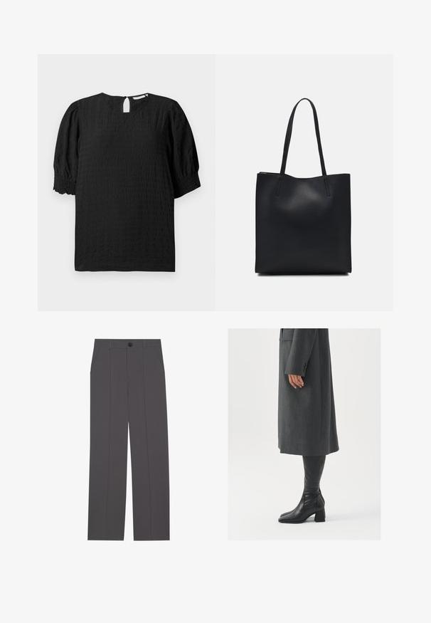 Μαύρη, υφασμάτινη μπλούζα με στρογγυλή λαιμόκοψη, κοντά φουσκωτά μανίκια και κλείσιμο στην πλάτη με κλειδαριά. Διαθέτει διακριτό καρό μοτίβο σε όλη την επιφάνεια.; Γκρι παντελόνι με ευθεία γραμμή, διαθέτοντας δύο πλαϊνές τσέπες και κλείσιμο με κουμπί. Απαλή ύφανση χωρίς ορατά σχέδια ή λεπτομέρειες.; Γκρίζο, προσαρμοσμένο παλτό με ευθεία γραμμή; σε συνδυασμό με μαύρες δερμάτινες μπότες μέχρι το γόνατο με τετράγωνη μύτη και χοντρό τακούνι.; Μαύρη δερμάτινη τσάντα tote με λείο υφή, ορθογώνιο σχήμα και δύο μακριές λαβές. Χωρίς ορατό υλικό ή διακοσμητικά στοιχεία.