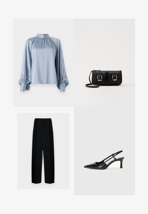 Blusa azzurra chiara con collo alto, maniche lunghe a raglan con polsini arricciati e una texture liscia simile alla seta.; Pantaloni neri a gamba larga con vita alta, dotati di pieghe e una texture liscia. Il tessuto sembra leggero e si drappeggia in modo elegante.; Slingback con tacco in vernice nera con punta affusolata, caratterizzato da una stampa a serpente testurizzata, cinturino regolabile e un tacco corto e testurizzato.; Borsa a tracolla nera in pelle con due tasche frontali, fibbie dorate, chiusura con zip e una tracolla sottile. Superficie texturizzata e forma rettangolare compatta.