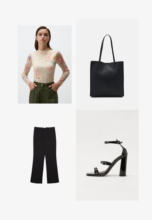 Bloemige, lange mouwen top van doorschijnende stof. Zachte pastelkleuren met roze, blauwe en gele bloemen. Hoge halslijn met een aansluitend ontwerp en een soepele textuur.; Zwarte broek met een rechte pasvorm, voorzien van zijzakken en plooien aan de onderzijde. Gemaakt van zachte, gladde stof. Geschikt voor verschillende gelegenheden.; Zwarte gepatenteerde sandalen met hak en een vierkante neus, enkelbandjes en zilveren gespen. Heeft een stevige blokhak voor stabiliteit.; Zwarte leren handtas met een gladde textuur, rechthoekige vorm en twee lange handvaten. Geen zichtbare hardware of versieringen.