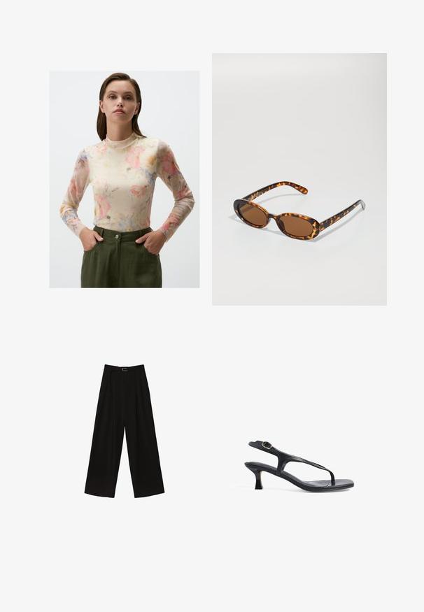 Blumenmuster-Oberteil mit langen Ärmeln aus transparenter Stoff. Sanfte Pastellfarben mit rosa, blauen und gelben Blumen. Hochgeschlossener Schnitt mit enganliegendem Design und glatter Textur.; Schwarze, weit geschnittene Hose mit hoher Taille, ausgestattet mit einem Gürtel in der Taille und Falten für Struktur. Hergestellt aus einem glatten, leichten Stoff.; Schwarze Ledersandale mit schlankem Design, dünnen Riemen und einem kleinen Absatz. Verfügt über eine Schnallenakzent und eine glatt strukturierten Fußbett.;  Schildpatt-Sonnenbrille mit ovalen Rahmen, braunen Gläsern und schlanken schwarzen Bügeln mit subtilen Musterakzenten.; Schwarze, strukturierte Tragetasche mit kurzen Griffen, ausgestattet mit einem goldenen Verschluss und Akzenten. Das Design ist strukturiert und weist eine geometrische Silhouette auf.