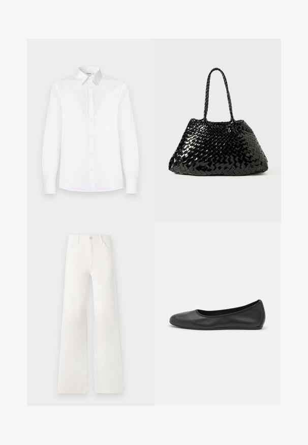 Biała koszula z długim rękawem, wykonana z gładkiego materiału, z kołnierzykiem i zapięciem na guziki, ozdobiona jasnoróżowymi guzikami.; Białe dżinsy z wysokim stanem i szerokimi nogawkami. Wykonane z denimu. Posiadają zapięcie na guzik, dwie kieszenie z przodu oraz boczne szwy ze szczegółami w postaci przeszyć.; Czarne skórzane baletki z zaokrąglonym noskiem, gładką fakturą, minimalnymi przeszyciami i elastycznym designem podeszwy.; Czarna pleciona torebka o błyszczącej powierzchni. Posiada dwa plecione uchwyty oraz przestrzenny, trójkątny kształt. Teksturowany wzór plecionki na całej powierzchni.