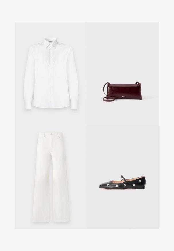 White long-sleeve shirt made of smooth fabric, featuring a collared neckline and a button front with light pink buttons.; White, high-waisted wide-leg jeans made of denim. Features a button closure, two front pockets, and side seams with stitching details.; Black leather Mary Jane flat shoe with a rounded toe, featuring silver circular studs and an adjustable strap with a buckle.; Burgundy leather crossbody bag with a smooth texture, rectangular shape, flap closure, and a thin adjustable strap. Gold logo detail visible.