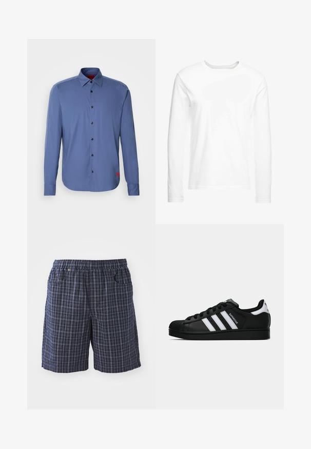 Mėlynas ilgaamžis marškinys iš lygaus audinio, su mygtukais priekyje, juodais mygtukais ir mažuoju raudonu logotipu kairėje pusėje.; Ilga rankovė balta marškinė, pagaminti iš minkštos medvilnės. Apvalus iškirpimas, tiesūs kraštai ir jokių matomų raštų ar grafikų.; Tamsiai mėlyni variantai languotų šortų su elastingu juosmeniu, turintys kišenes ir laisvą siluetą. Pagaminti iš lengvos medžiagos su languota struktūra.; Juodos „Adidas Superstar“ sportbačiai su baltais dryžiais, šonine kriaukle ir „Superstar“ tekstu šone, rodomi šoniniame profilyje ant balto fono.