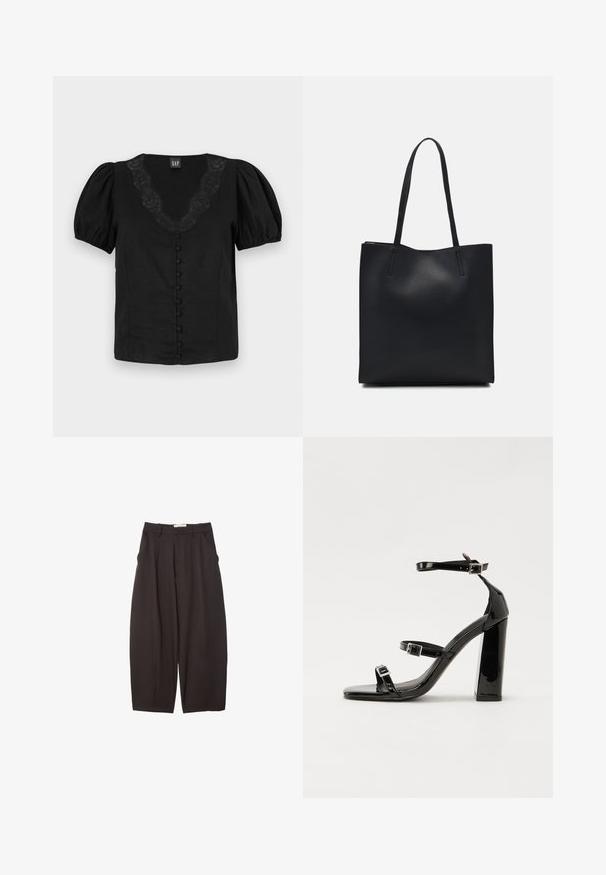 Čierna blúzka s nafúknutými rukávmi, V-výstrihom s krajkovým detailom a podšívkovými prednými gombíkmi. Vyrobená z ľahkého materiálu, hladká textúra.; Čierne široké nohavice vyrobené z hladkej tkaniny, s vysokým pásom, prednými skladmi a bočnými vreckami. Jednoduchý dizajn bez ozdôb.; Čierne lakované sandále na podpätku so štvorcovou špičkou, navlečenými remienkami okolo členku a striebornými prackami. Disponujú masívnym blokovým podpätkom pre stabilitu.; Čierna kožená taška na rameno s hladkým povrchom, obdĺžnikovým tvarom a dvoma dlhými uchami. Bez viditeľného kovania alebo ozdôb.