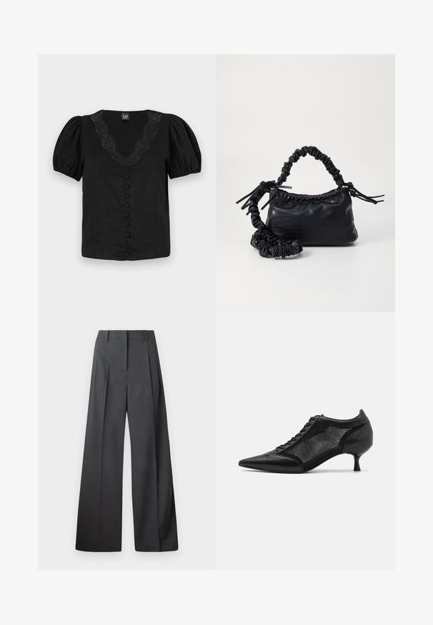 Blusa preta com mangas bufantes, decote em V com detalhamento em renda e botões frontais forrados. Feita em tecido leve, com textura suave.; Calças de perna larga em tecido cinza escuro, apresentando uma cintura alta, pregas simples e uma textura suave com um acabamento limpo nas bainhas.; Shoe preto de bico fino com um design de painel em malha, apresentando um salto baixo e amarração na parte da frente. Feito de uma combinação de couro e material de malha.; Bolsa de mão em couro sintético preto com textura de crocodilo, topo franzido e alça enrugada. Apresenta um design suave e compacto.