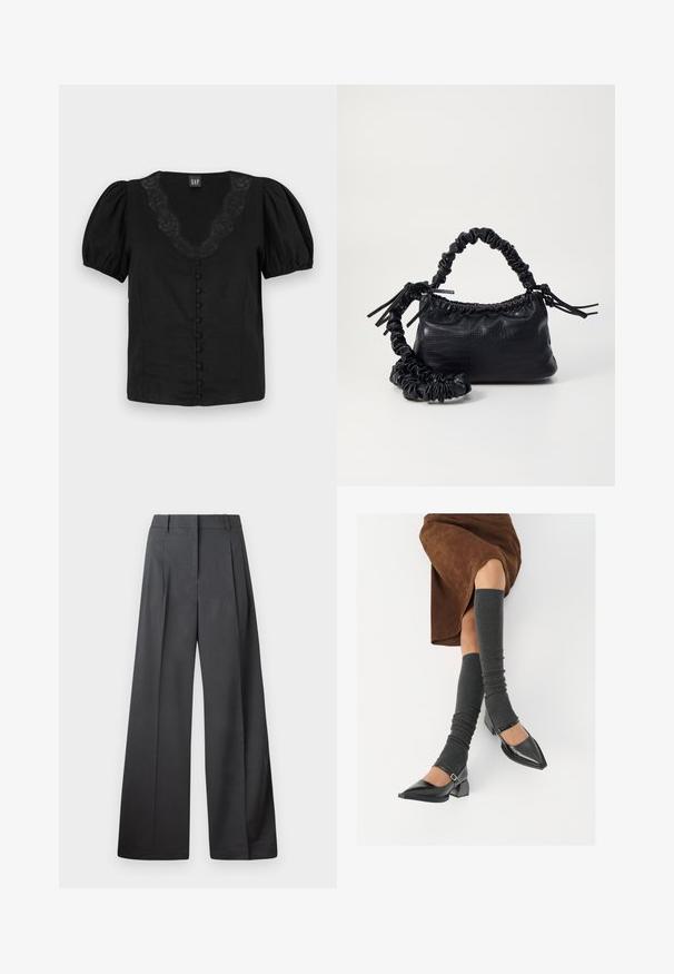 Bluză neagră cu mâneci bufante, decolteu în V cu detalii din dantelă și nasturi la față căptușiți. Fabricată dintr-un material ușor, cu o textură fină.; Pantaloni culți din țesătură gri închis, cu talie înaltă, pliuri simple și o textură netedă, cu o finisare curată la tivuri.; Pantofi negri din piele lacuită, cu vârful ascuțit, toc bloc și curea la glezna, asortați cu jambiere gri cu nervuri și o fustă din suede maro.; Geantă din faux leather neagră cu textură de crocodil, cu partea superioară strânsă și o curea mototolită. Pare moale și compactă ca design.