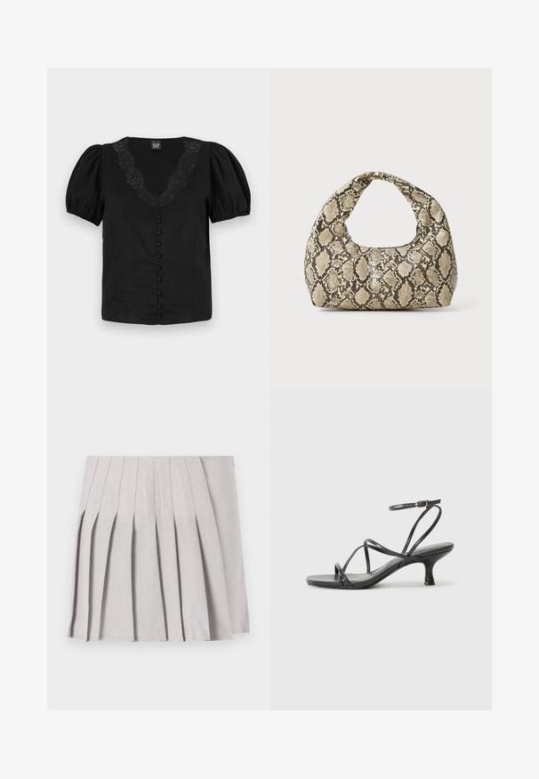 Črna bluzica z napihnjenimi rokavi, V-izrezom z čipkastimi detajli in obloženimi sprednjimi gumbi. Narejena iz lahkotnega blaga z gladko teksturo.; Siva plisirana krila z gladko teksturo, ki ima več navpičnih gub in prilegajoč pas. Narejena iz lahkega materiala.; Črne sandale na peto z tankimi trakovi, odprto zasnovo na prstih in majhno, rahel okrogel peto. Material se zdi gladek in sijoč.; Torba z vzorom kače s ukrivljenim ročajem. Narejena iz teksturiranih, bež in rjavih materialov, ki imajo značilen diamante vzorec.